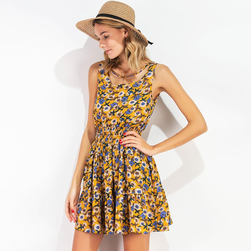 Summer Women Chiffon Floral Mini Dress Elastic Waist Sleeveless Party