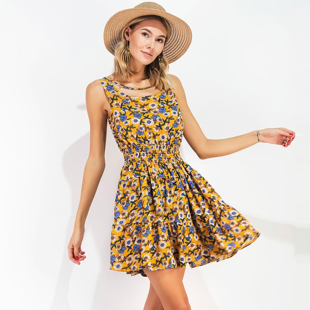 Summer Women Chiffon Floral Mini Dress Elastic Waist Sleeveless Party