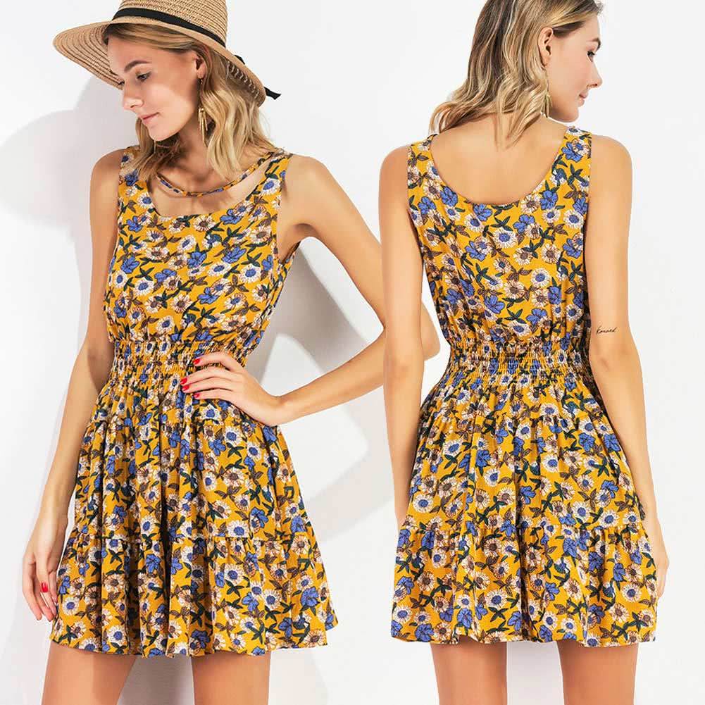 Summer Women Chiffon Floral Mini Dress Elastic Waist Sleeveless Party