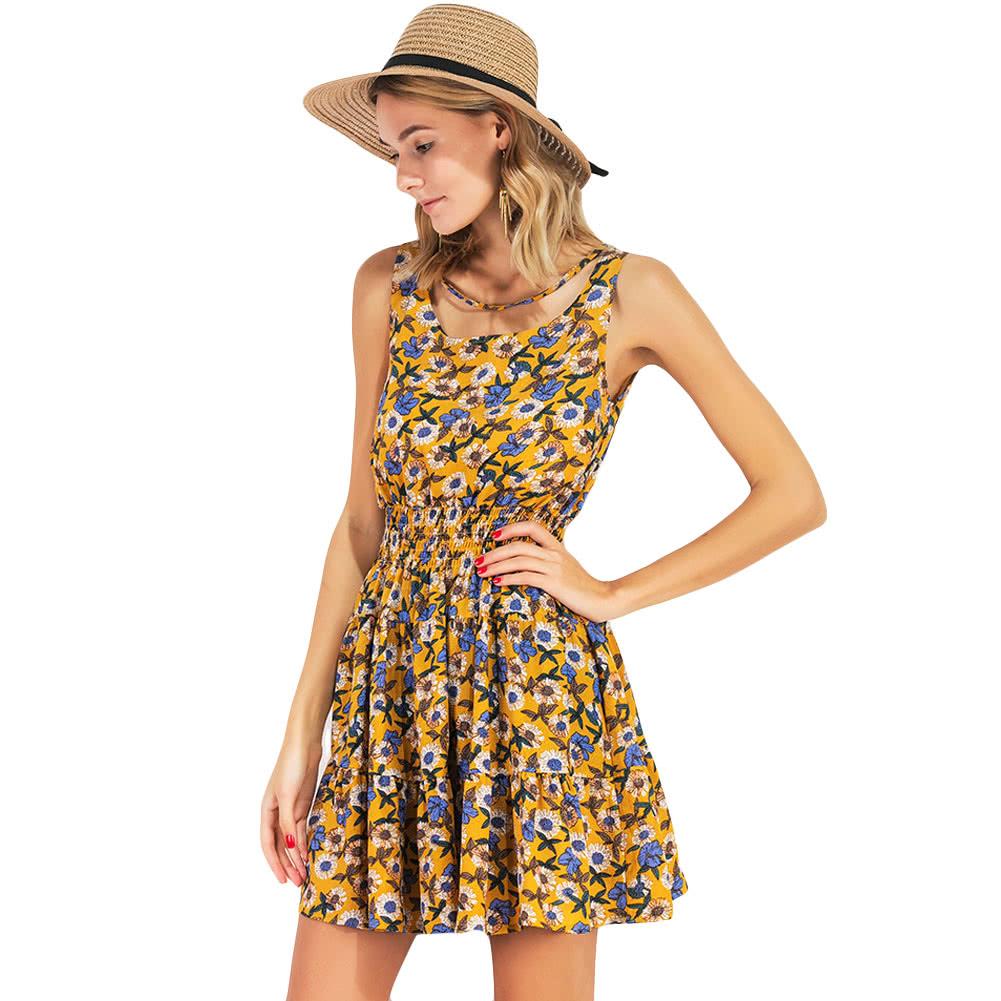 Summer Women Chiffon Floral Mini Dress Elastic Waist Sleeveless Party