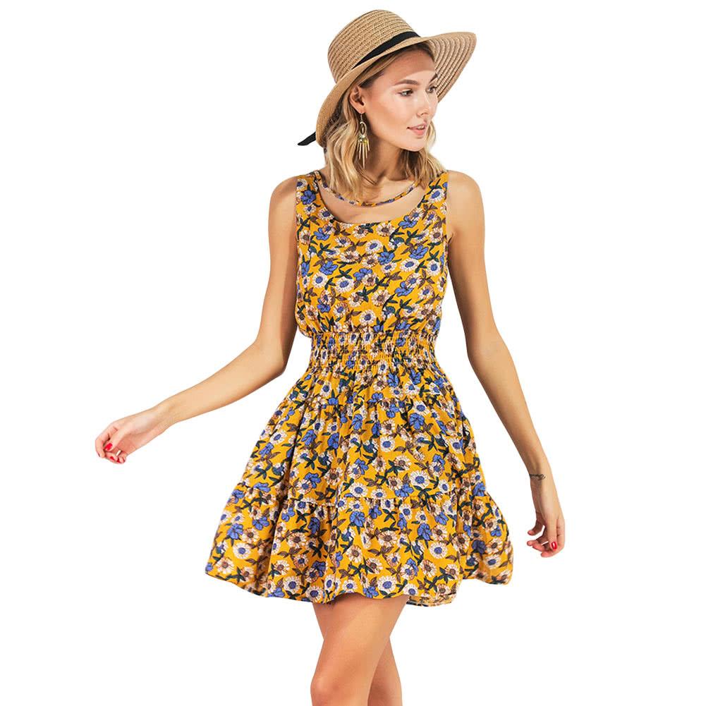 Summer Women Chiffon Floral Mini Dress Elastic Waist Sleeveless Party