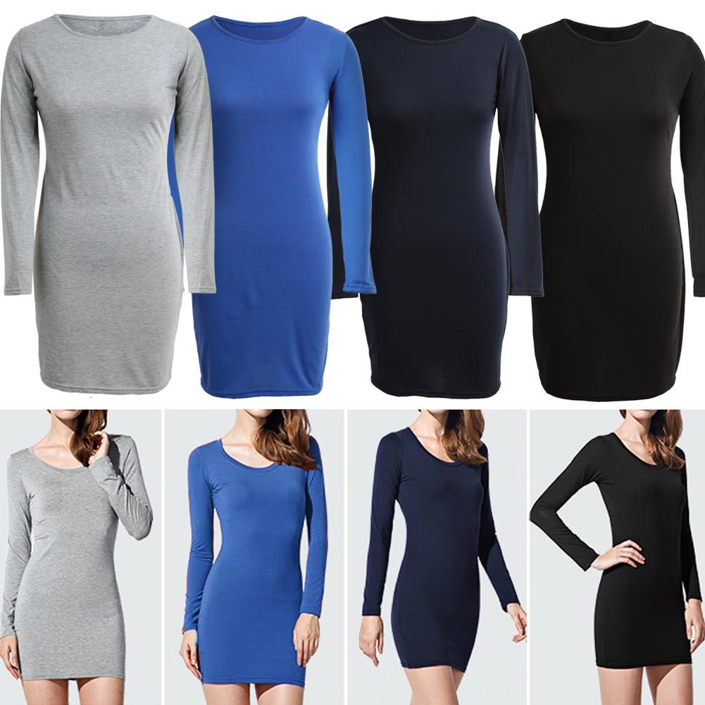 Women Solid Sheath Mini Dress Long Sleeveless O Neck Stretch Casual Bodycon Pencil