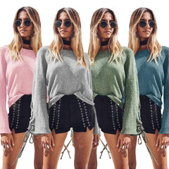 Women Bell Sleeves Knitted Pullover Sweater Lace Up Eyelets O Neck Loose Casual Knit Top