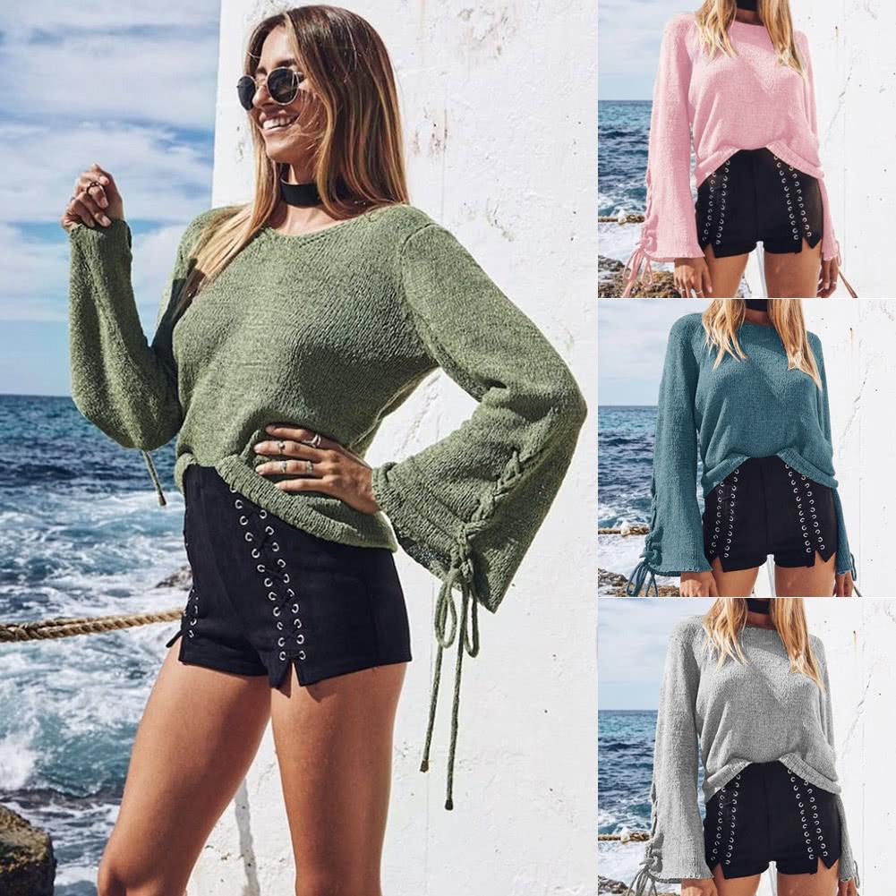 Women Bell Sleeves Knitted Pullover Sweater Lace Up Eyelets O Neck Loose Casual Knit Top