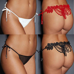 Sexy Women Crochet Lace Lingerie G-String Low Waist Self-Tie Strap Beaded Thong Underwear