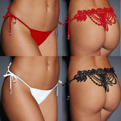 Sexy Women Crochet Lace Lingerie G-String Low Waist Self-Tie Strap Beaded Thong Underwear