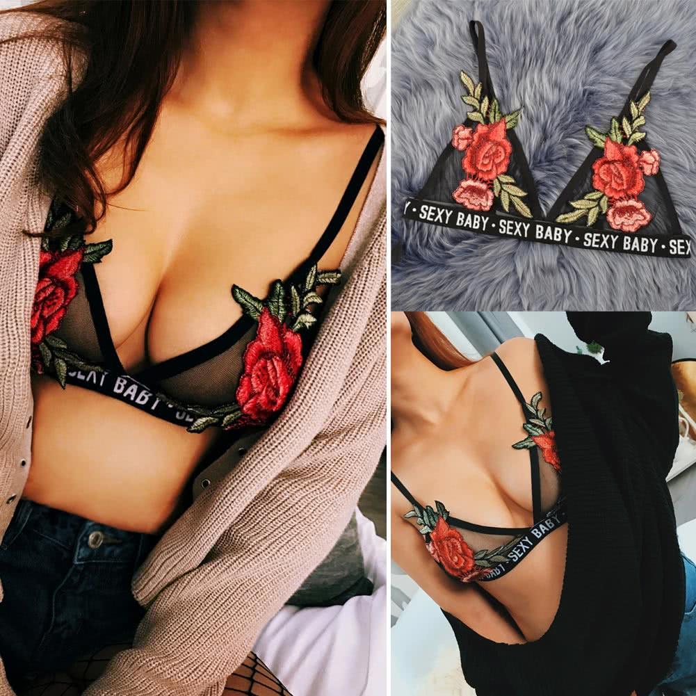 Women Bralette Sheer Mesh Embroidered Floral Triangle Unpadded Wireless Sexy Bustier