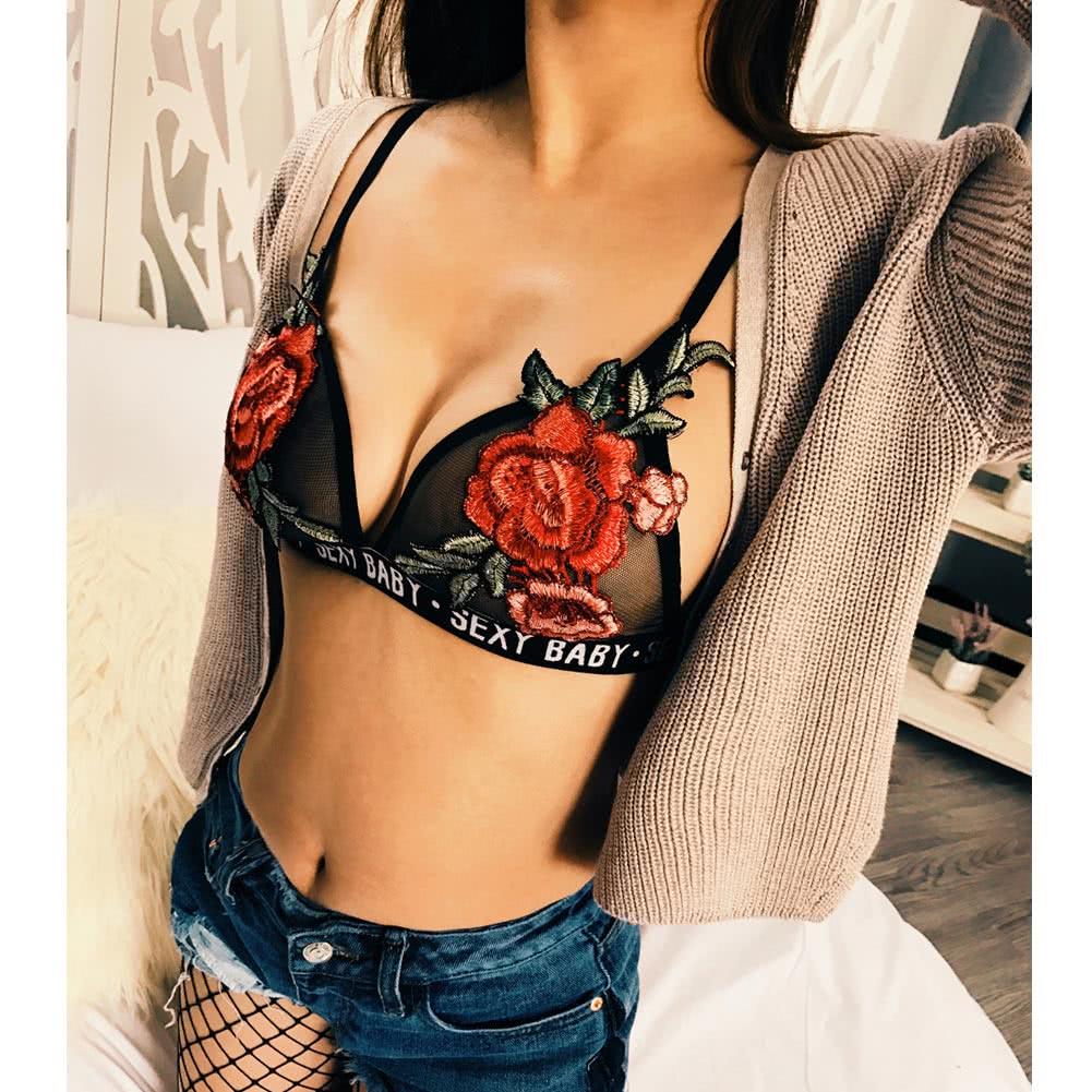 Women Bralette Sheer Mesh Embroidered Floral Triangle Unpadded Wireless Sexy Bustier