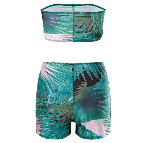 Sexy Women Strapless Swimsuit Leaves Print High Waist Shorts Bikini Set Swimwear Bathing Suit Green