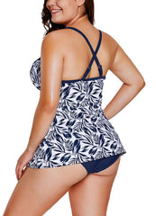 Women Swimsuit Two Piece Set Plunge V Leaves Print Wireless Padded Cross Over Strap Sexy Swimwear Plus Size