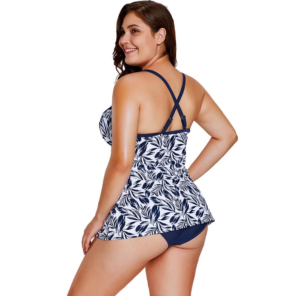 Women Swimsuit Two Piece Set Plunge V Leaves Print Wireless Padded Cross Over Strap Sexy Swimwear Plus Size