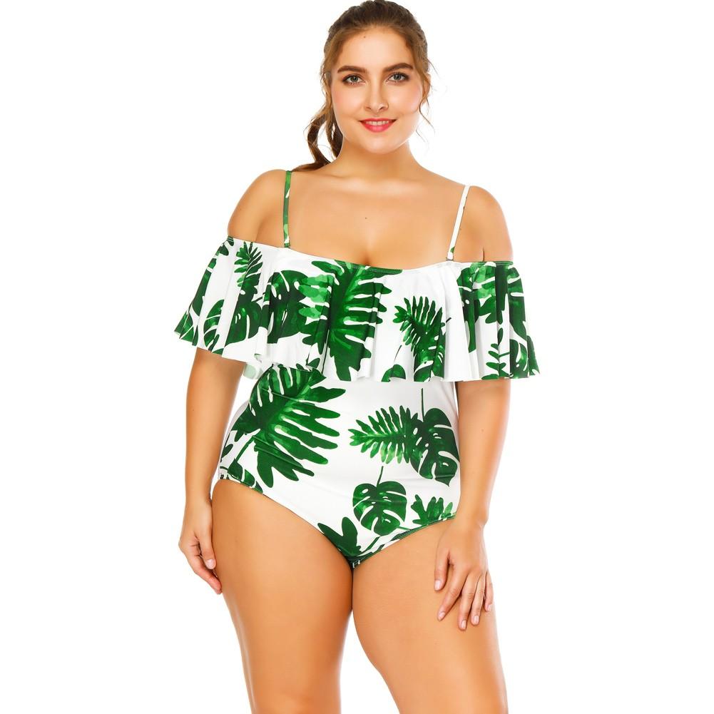 Sexy Women Floral Print Strappy Swimsuit One Piece Ruffle Trim Padding Beachwear Monokini