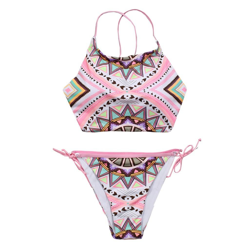 Sexy Women Halter Geometric Print Wireless Bathing Suit Swimsuits Two Piece