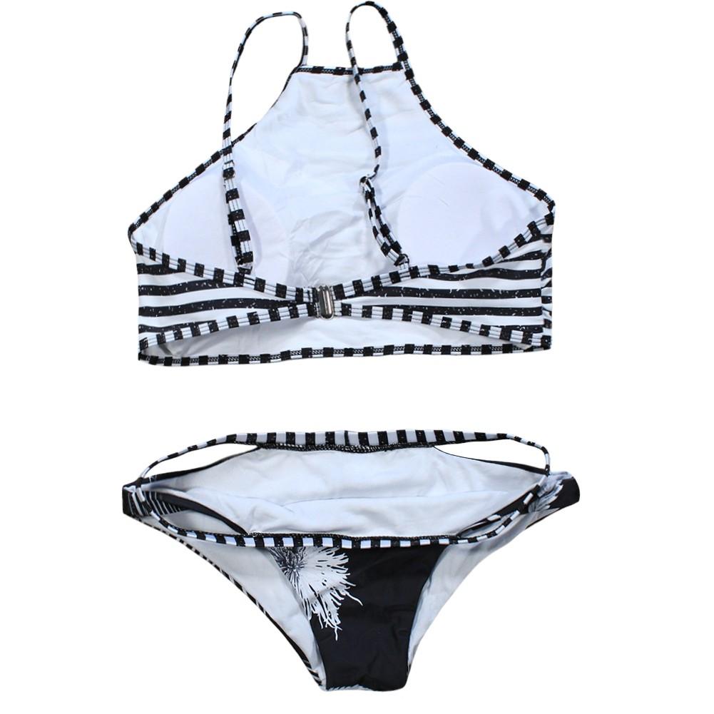 Sexy Women Brazilian Bikini Set Stripe Printed Swimwear Cut Out Bandage Padded