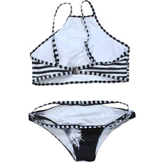 Sexy Women Brazilian Bikini Set Stripe Printed Swimwear Cut Out Bandage Padded