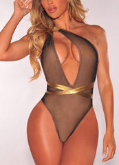 Women One Piece Swimsuit Plunge V Contrast Straps Bandage Open Back Sexy Monokini