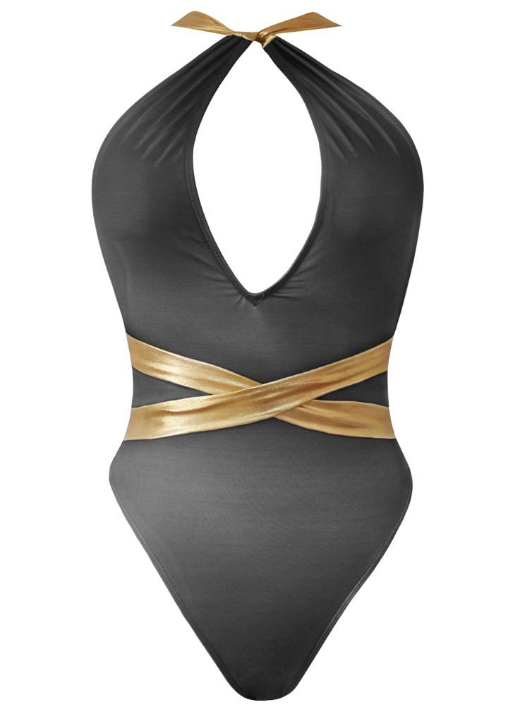 Women One Piece Swimsuit Plunge V Contrast Straps Bandage Open Back Sexy Monokini