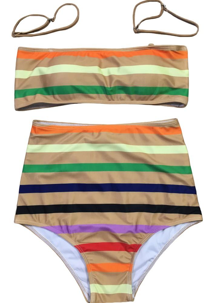 Women Stripe High Waist Bikini Set Off Shoulder Push Up Padded Swimsuit Swimwear Bathing Suit