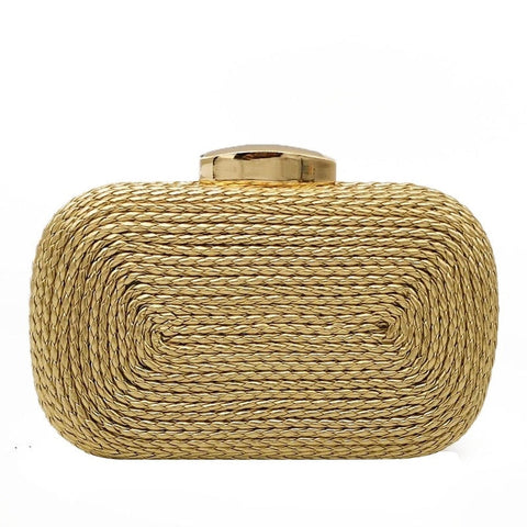 Straw Clutches Gold Evening Bag Woven Knited PU Metal Clutch Hard Case Ladies Chain Shoulder Handbag