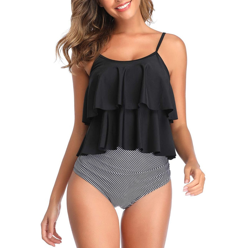 Women Two-Piece Double Flounce top-high Waist Overlay Tankini Swimwear