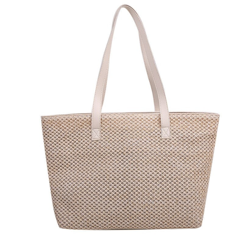 Fashion Women Beach Summer Straw Woven Pure Color Shoulder Shopping Tote Bag Casual Ladies Large Capacity Handbags