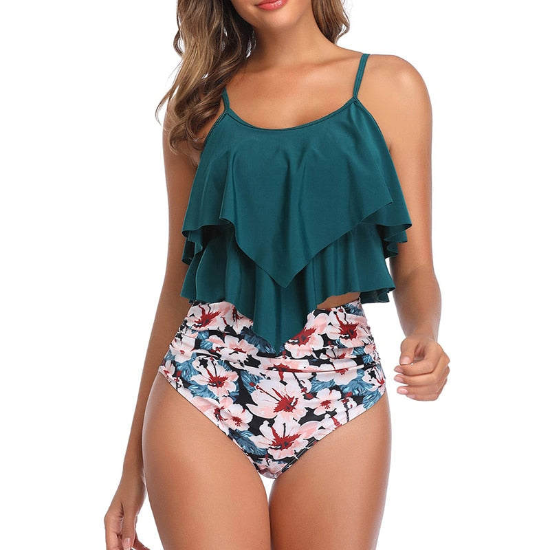 Women Two-Piece Double Flounce top-high Waist Overlay Tankini Swimwear