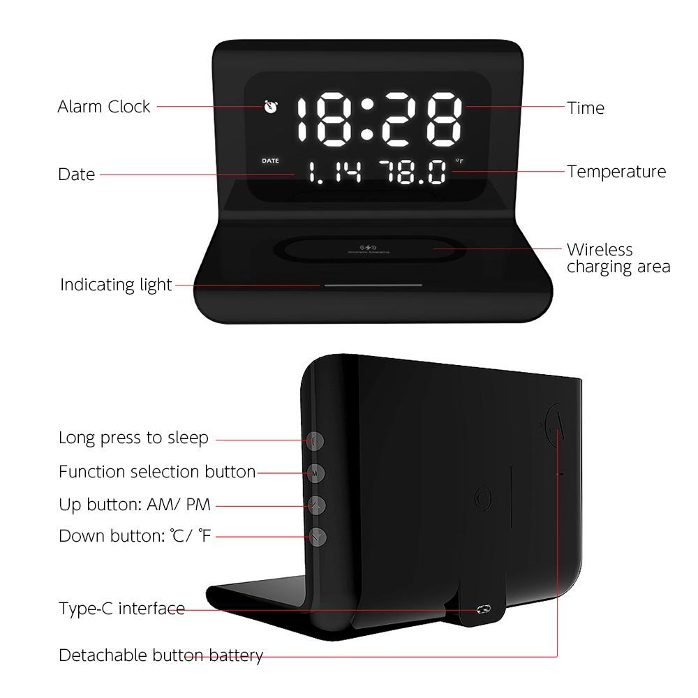 10W Wireless Charger Pad and Alarm Clock Thermometer