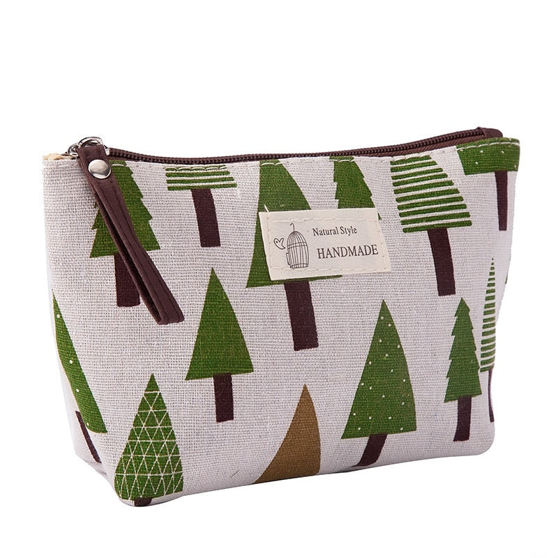 Soft Canvas Bear Tree Print Pattern Women Travel Storage Bag Toiletries Organize Cute Cosmetic Portable Make Up Bags