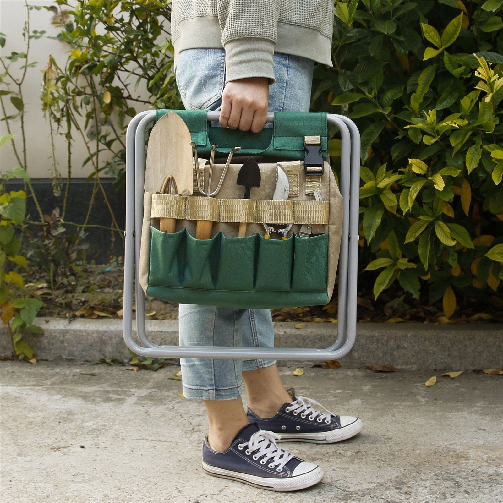 Gardening Stool Organizer and Folding Garden Seat Combo