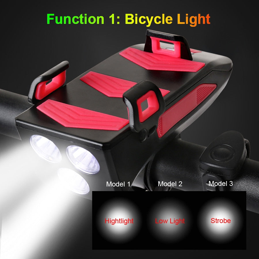 4 In 1 Bicycle Light Bike Horn,Phone Holder, Power Bank, Cycling Front MTB
