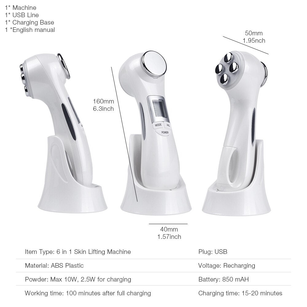 Radio Frequency Mesotherapy Microcurrent Face Lifting Massager Machine Beauty 6 In 1 LED Facial Vibration
