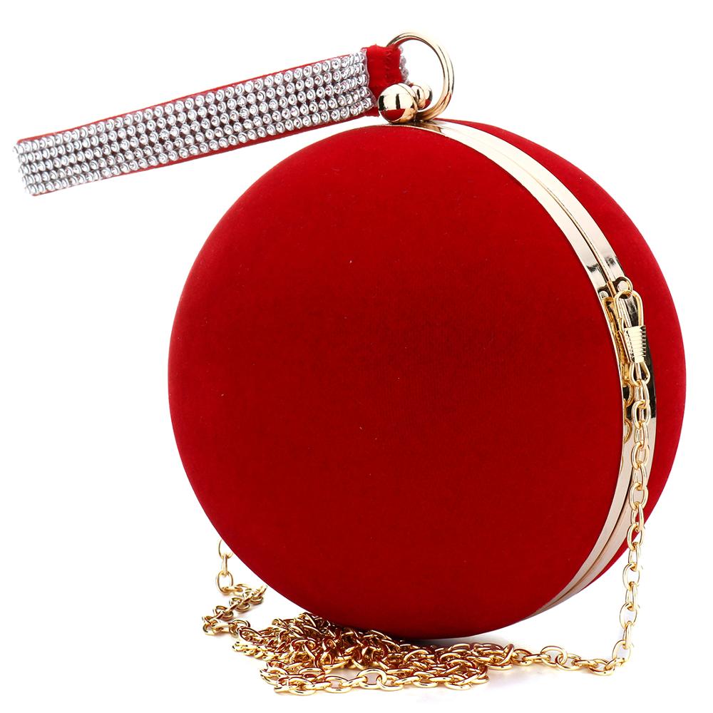 Unique Velvet Iron-On Lady Handbag Red Shoulder Clutch Bag Spherical Evening Bags