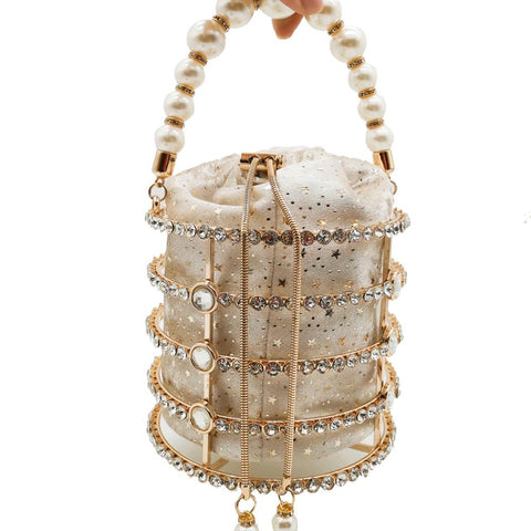 Hollow Out Pearl Bucket Evening Bag Women Luxury Designer Handmade Alloy Metallic Clutch Bag