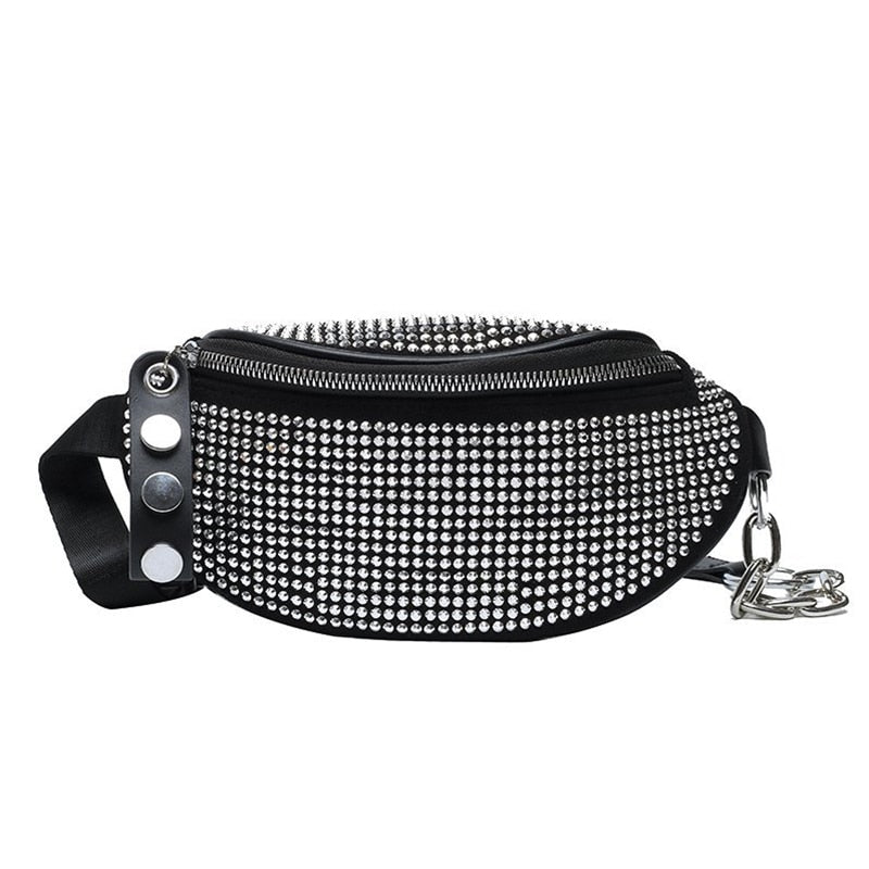 Fashion Rhinestones Women Bag Waist Bag Fanny Packs Chest Waist Pack Travel Casual Female Chain Strap Punk Belt Bag