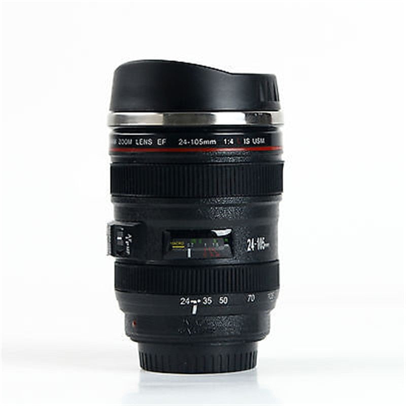 24-105MM Lens Camera Travel Coffee Tea Cup Mug Creative Cup Stainless Steel Brushed Liner Black (Black 400ml) - JustgreenBox