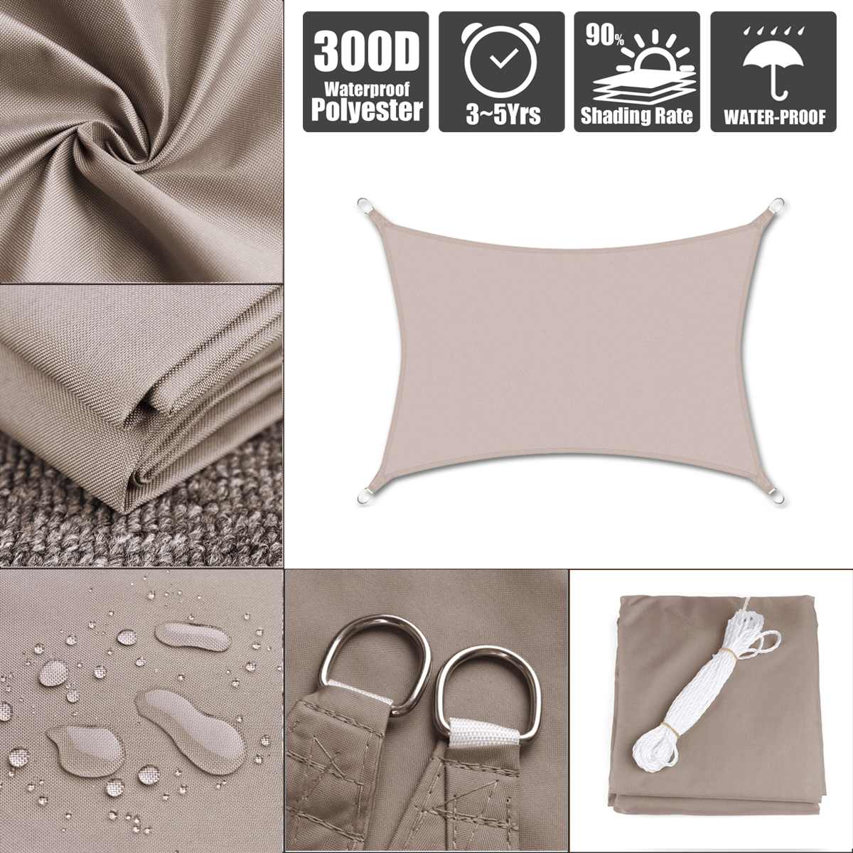300D Waterproof Polyester Rectangle Awning Sun shading net Shade Sail Outdoor Shelter Khaki - JustgreenBox