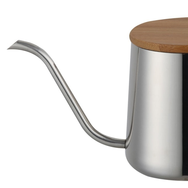 350Ml Long Narrow Spout Coffee Pot Gooseneck Kettle Stainless Steel Hand Drip Pour Over And Tea With Wooden (Silver) - JustgreenBox