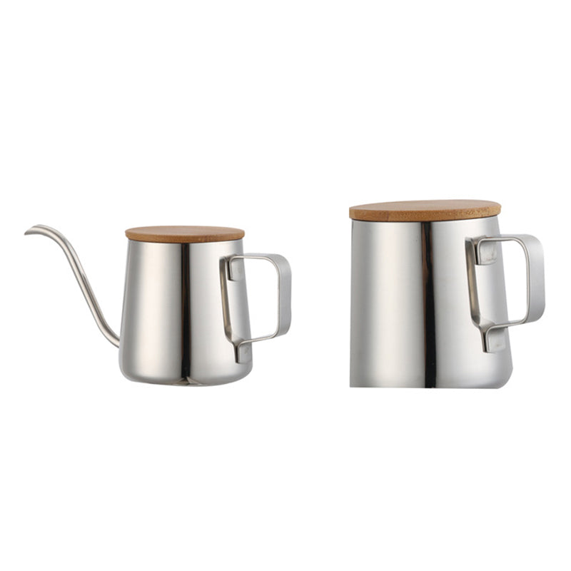 350Ml Long Narrow Spout Coffee Pot Gooseneck Kettle Stainless Steel Hand Drip Pour Over And Tea With Wooden (Silver) - JustgreenBox