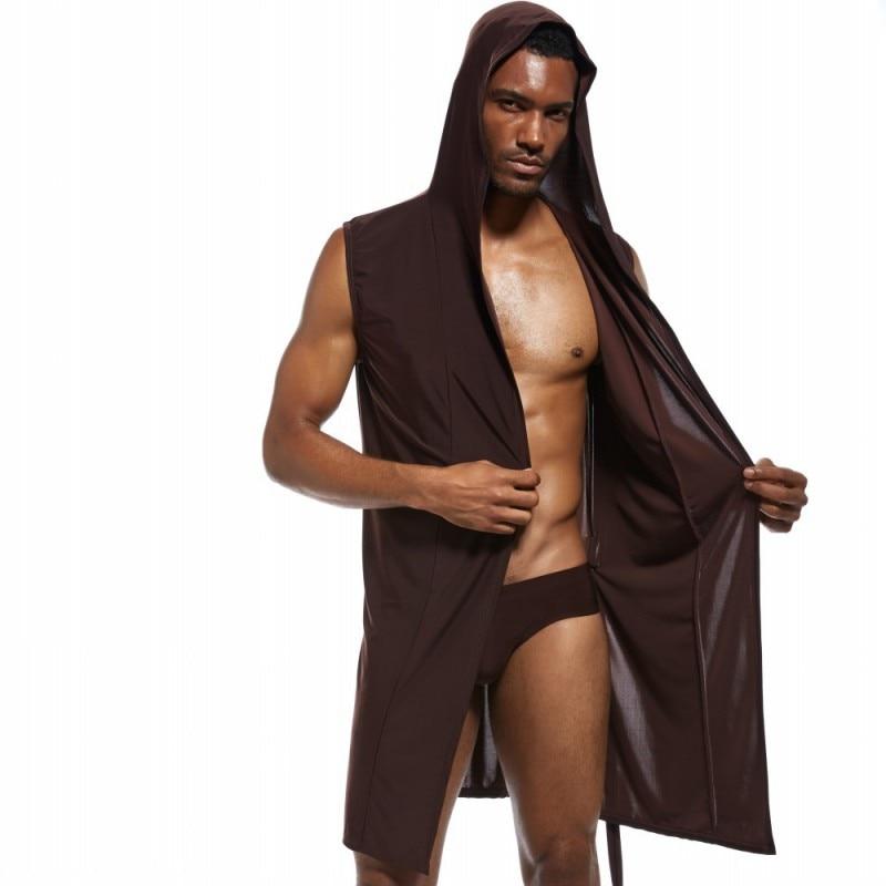 Men Sexy Bathrobe Ice Silk Hooded Pajamas