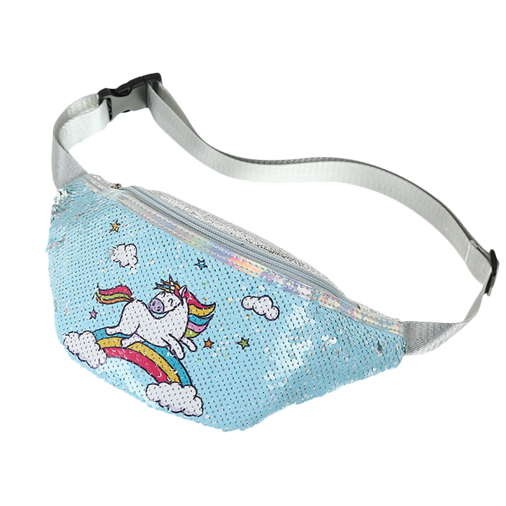 Cartoon Unicorn Sequins Waist Bag Casual Adjustable Waist Shiny Sequins Waist Bag Girl Sports Travel Phone Bag