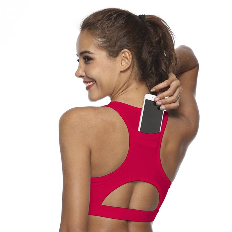 Top Women Sports Bra With Phone Pocket Compression Push Up Underwear Female Gym Fitness Running Yoga - JustgreenBox
