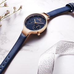 Waterproof Leather High Quality Blue Quartz Wrist Watches For Women