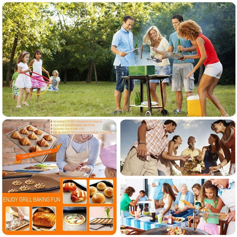 BBQ Grill Mat Non-stick Barbecue Baking Liners Reusable Cooking Sheets PTFE Bakeware Sheet Easy Clean - JustgreenBox