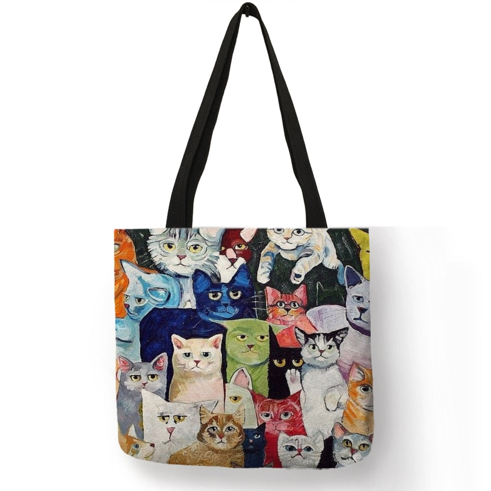 Cute Cartoon Anime Cat Print Linen Tote Bag Women Fashion Handbags School Travel Shopping Shoulder Bags Reusable