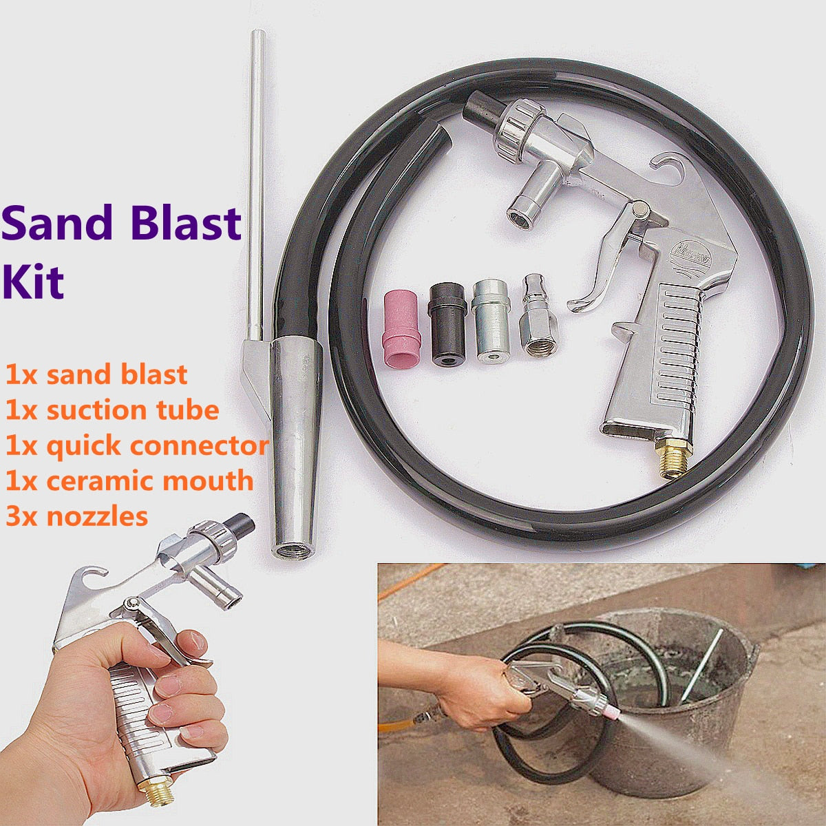 7Pcs Abrasive Air Sand Blasting Gun Kit Ceramic Nozzle Steel Suction Pipe Industrial Sandblaster - JustgreenBox