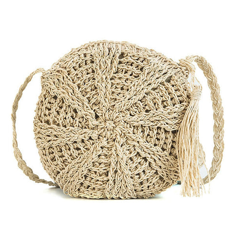 Round Lady Handmade Knitted Woven Rattan Bags Straw Messenger National Handbags