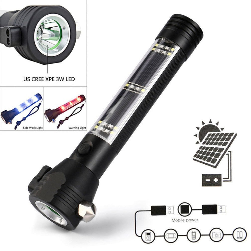 Outdoor Camping Emergency Light Solar Powered LED Flashlight Safety Hammer Torch With Power Bank Magnet Survival Tool - JustgreenBox