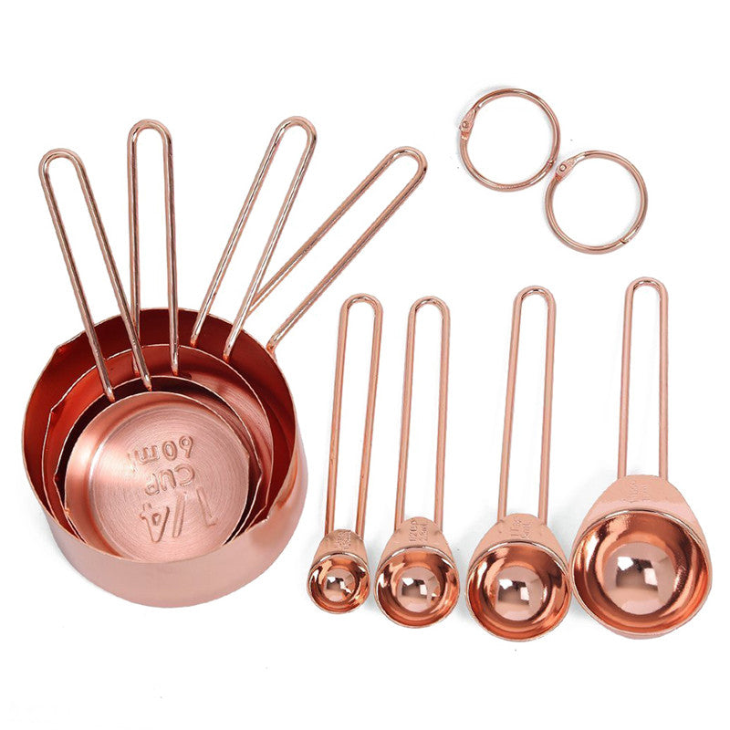 Stainless Steel Measuring Cups and Spoons Set of 8 Engraved Measurements, Pouring Spouts & Mirror Polished for Baking (Rose Gold) - JustgreenBox