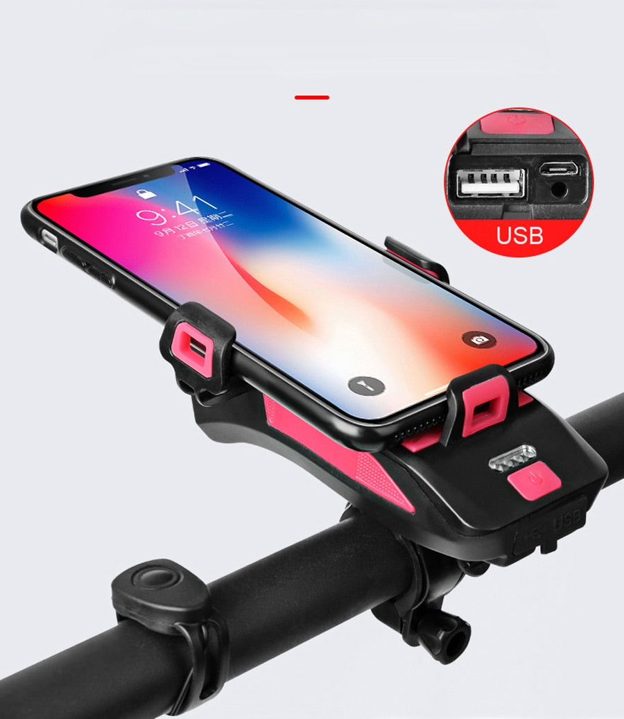 4 In 1 Bicycle Light Bike Horn,Phone Holder, Power Bank, Cycling Front MTB