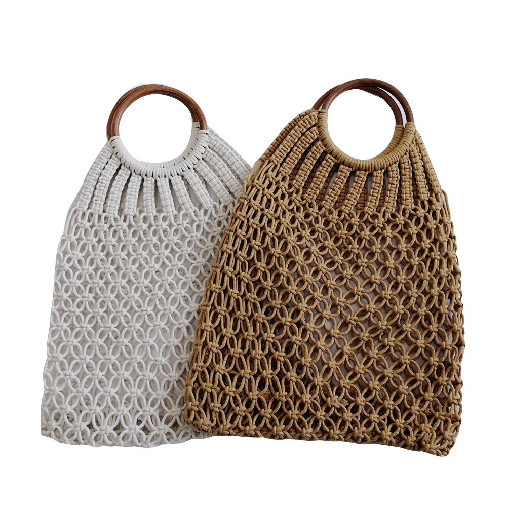 Fashion Straw Woven Bags Wooden Handle Handbag Hollow Beach Bag For Women Mesh Totes Storage Tote